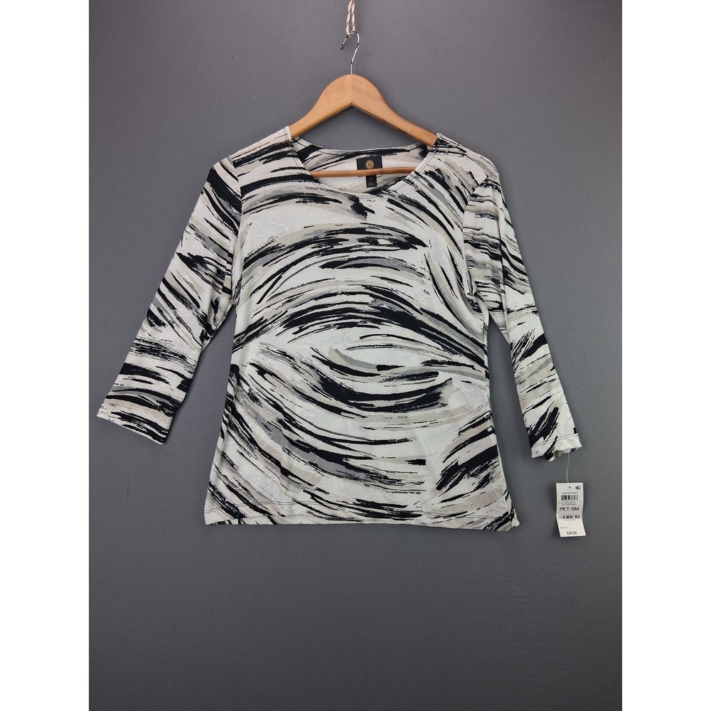JM Collection Top 3/4 Sleeve Jacquard Blouse Petite Small Black White Abstract